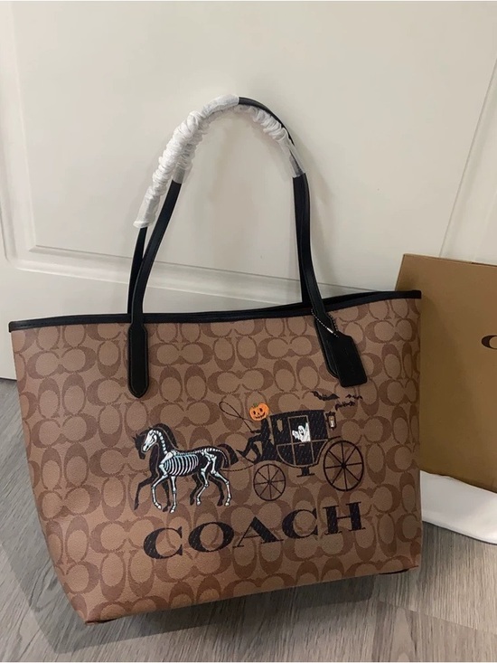 Coach Handbags - Coach Brown Signature Tote with Black Trim and Halloween Carriage Motif